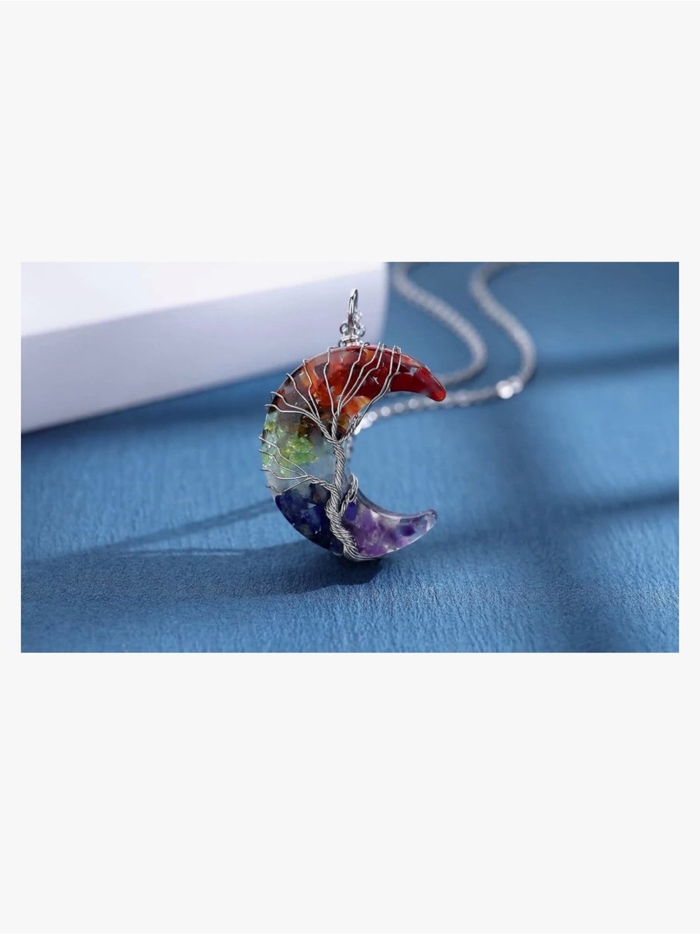 Multicolor Crescent Moon Tree of Life Pendant Necklace - Picture 2 of 5